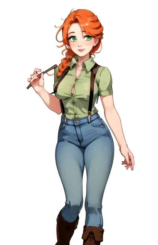 best quality, (masterpiece),(ultra-detailed), (high quality), (high resolution),   <lora:leah-10:0.7>,1girl, blush, boots, braid, breasts, brown footwear, collared shirt, denim, green eyes, green shirt, holding, jeans, knee boots, leah, lips, lipstick, long hair, mature female, multiple views, orange hair, short sleeves, simple background, single braid, smile, solo, suspenders,