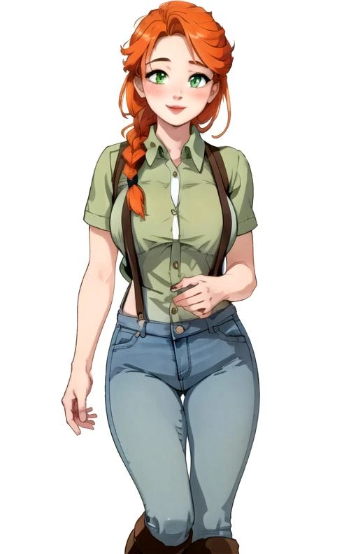 best quality, (masterpiece),(ultra-detailed), (high quality), (high resolution),   <lora:leah-10:0.7>,1girl, blush, boots, braid, breasts, brown footwear, collared shirt, denim, green eyes, green shirt, holding, jeans, knee boots, leah, lips, lipstick, long hair, mature female, multiple views, orange hair, short sleeves, simple background, single braid, smile, solo, suspenders,