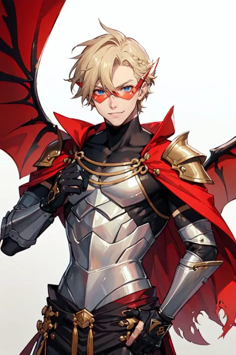 <lora:KaminaShades-10:0.7> kamina shades,, ultra detailed, masterpiece, best quality, aesthetic, detailed,, solo, smile, 1boy, blue eyes, medium blonde hair, parted bangs, hair intakes, male focus, muscular male,, armor, pauldrons, cuirass, gauntlets, waist cape, greaves, black bodysuit, surcoat, shoulder sash, wing shoulder armor, cape, pants,