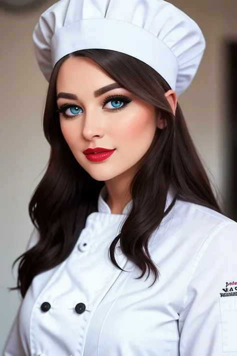 <lora:tessafowler-06:0.6>,tessafowler, photo of a woman, (epic), , ((chef hat, chef jacket, commercial kitchen)), smiling, (lipstick, blush, eye shadow), ((best quality, masterpiece, extreme details, high resolution):1.2),((detailed eyes, beautiful eyes, detailed face, beautiful face):1.2)