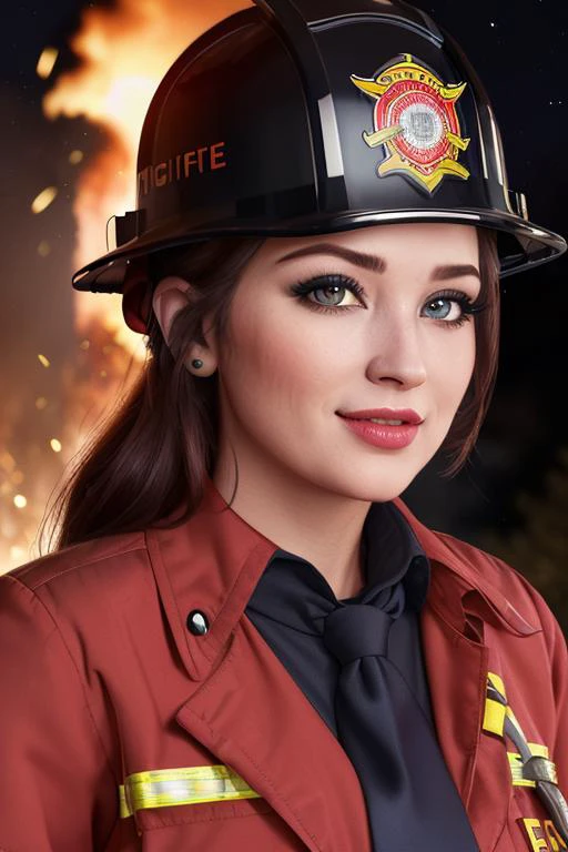 photo of a woman, <lora:tessafowler-09:0.6>, tessafowler, tessa fowler, ((necktie, shirt, firefighter helmet, firefighter jacket):1.2), ((closeup, portrait)),((outdoors, neighborhood, homes, at night, fire, explosions):1.2),smiling, (lipstick, eyeliner, eye shadow), ((best quality, masterpiece, extreme details, high resolution):1.2),((detailed eyes, beautiful eyes, detailed face, beautiful face):1.2)