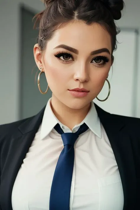 tessafowler, (epic), , perfect hair, beautiful perfect skin, ((hair up, hair in bun, busy office)), (modern photo, necktie, shirt), 24mm, (analog, cinematic, film grain:1.3), , detailed eyes, (upper body), (looking at viewer), earrings, (eyeliner, eyelashes)
