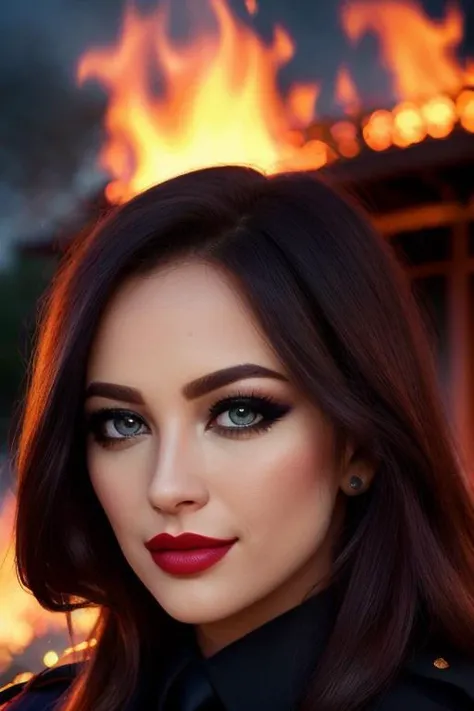 , ((outdoors, fire, at night)),((police uniform, police badge)) smiling, (lipstick, blush, eye shadow), ((best quality, masterpiece, extreme details, high resolution):1.2),((detailed eyes, beautiful eyes, detailed face, beautiful face):1.2) <lora:tessafowler-07:0.5>, tessafowler,