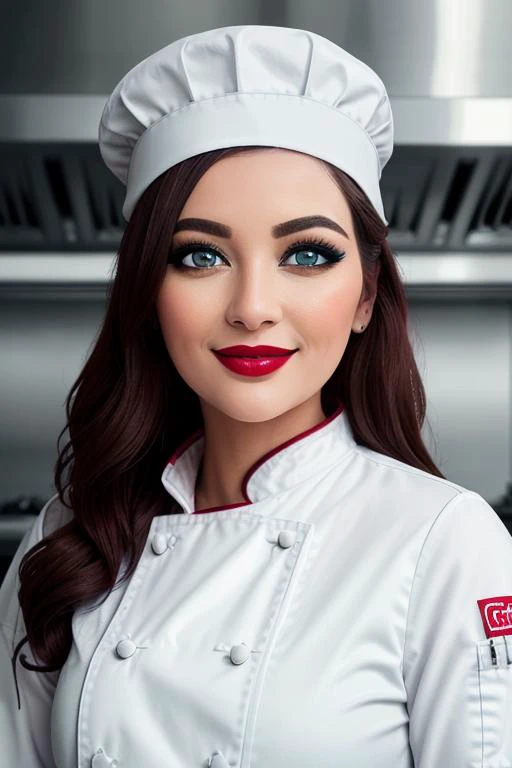 , ((chef hat, chef jacket, commercial kitchen)), smiling, (lipstick, blush, eye shadow), ((best quality, masterpiece, extreme details, high resolution):1.2),((detailed eyes, beautiful eyes, detailed face, beautiful face):1.2) <lora:tessafowler-07:0.5>, tessafowler,