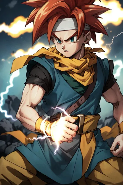 masterpiece, solo, 1boy, Crono_CT  <lora:Crono_CT:0.85>, blue tunic, white headband, orange neckerchief, red hair, spiked hair, lightning magic, casting spell,  hand up, bright light, yellow light, swirling light