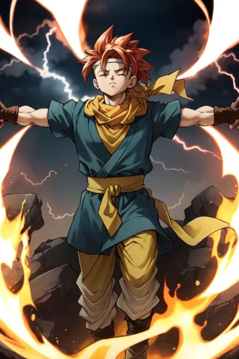 masterpiece, solo, 1boy, Crono_CT <lora:Crono_CT:0.85>, blue tunic, white headband, orange neckerchief, red hair, spiked hair, casting spell, floating in the air, ( bright light, yellow light, swirling light, bright background), swirling lightning, closed eyes,