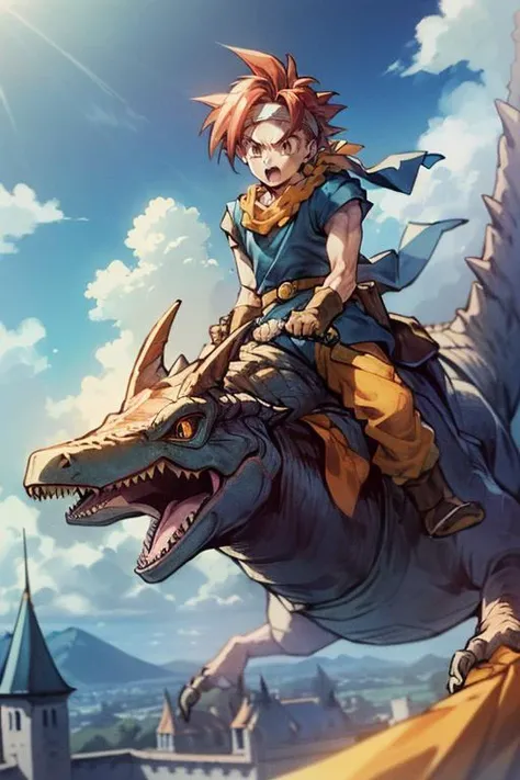 (masterpiece, best quality, highres, absurdres, ultra-detailed:1.3), <lora:Crono_CT:0.7>((1boy, solo, Crono_CT, blue tunic, white headband, orange neckerchief, red hair, spiked hair)), (outdoors, blue sky, clouds, castle below: 1.2) <lora:riding_a:0.6> (riding a pterodactyl dinosaur)
