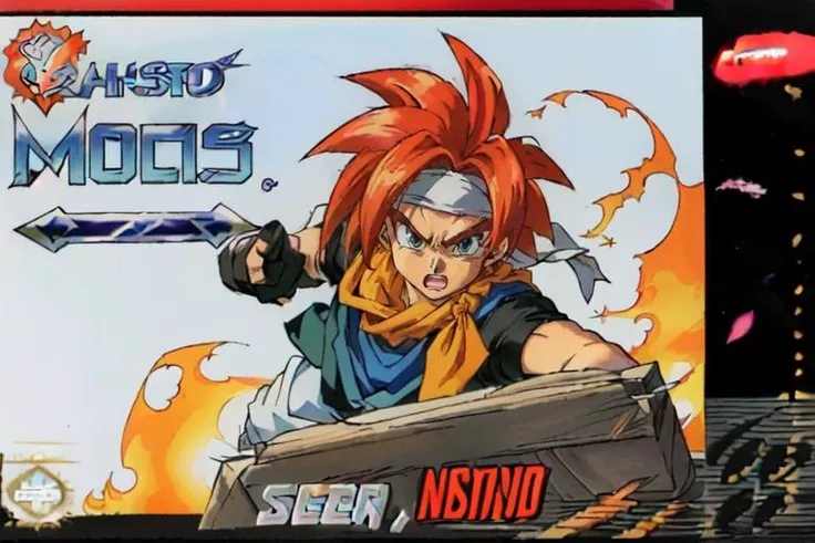 (masterpiece, best quality, highres, absurdres, ultra-detailed:1.3), <lora:Crono_CT:0.6>((1boy, solo, Crono_CT,  blue tunic, white headband, orange neckerchief, red hair, spiked hair)), (fighting stance, action scene, dynamic pose), <lora:SnesBoxArtV1:1.3>(box art, cover, english text, copyright name:1.4) <lora:UnlimitedBladeWorksV1:0.6>(holding glowing sword)