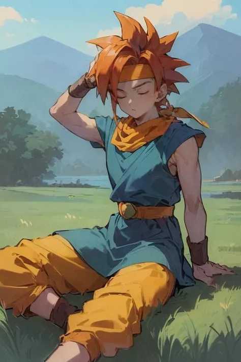 (masterpiece, best quality, highres, absurdres, ultra-detailed:1.3), <lora:Crono_CT:0.7>((1boy, solo, Crono_CT, blue tunic, white headband, orange neckerchief, red hair, spiked hair)), (sleeping in green grass, outdoors, distant mountain, summer: 1.2)