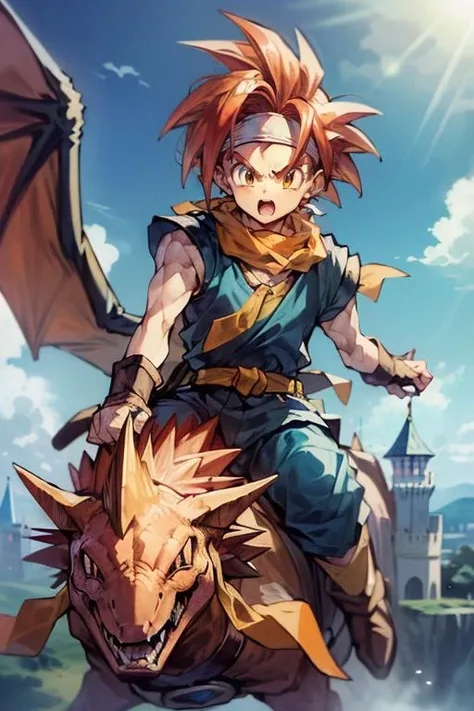 (masterpiece, best quality, highres, absurdres, ultra-detailed:1.3), <lora:Crono_CT:0.7>((1boy, solo, Crono_CT, blue tunic, white headband, orange neckerchief, red hair, spiked hair)), (outdoors, blue sky, clouds, castle below: 1.2) <lora:riding_a:0.6> (riding a pterodactyl)