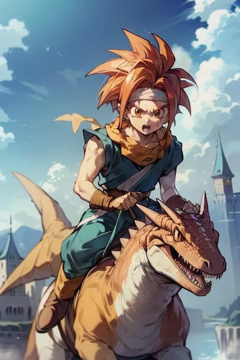 (masterpiece, best quality, highres, absurdres, ultra-detailed:1.3), <lora:Crono_CT:0.7>((1boy, solo, Crono_CT,  blue tunic, white headband, orange neckerchief, red hair, spiked hair)), (outdoors, blue sky, clouds, castle below: 1.2) <lora:riding_a:0.6> (riding a pterodactyl dinosaur)