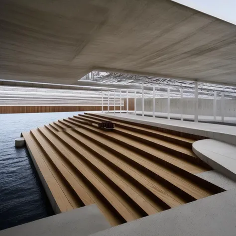 machinary, daytime, vegitation, white lines, water, wood texture, concrete steps