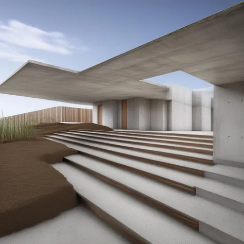 concrete steps, soil, wood, exterior, daytime, white lines, sky