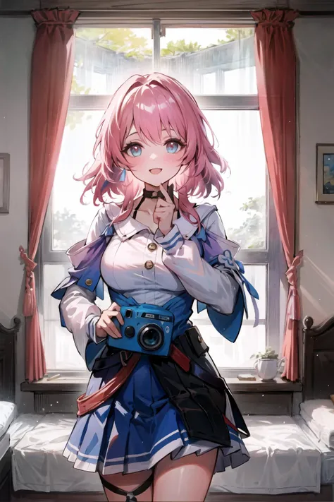 (Masterpiece, Best Quality:1.3), march 7th \(honkai: star rail\), 1girl, solo, medium hair, pink hair, shirt, skirt, detailed clothes, blue skirt, (blue shirt:1,3), detached sleeves, white shirt, bangs, blue eyes, (multicolored_eyes:1.5), ultra detailed eyes, choker, ribbon earrings, collarbone, detached sleeves, blue camera, cowboy shot, clodeup, inside, hotel room, bedroom, winter, snow <lora:march_7th__honkai _star_rail__offset:1>, cloud,colorful, <lora:Sun_and_Shadow:0,6>