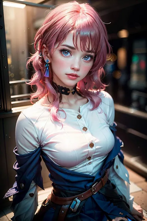 masterpiece, (photorealistic:1.5), best quality, beautiful lighting, real life, march 7th \(honkai: star rail\), 1girl, solo, (pink hair), blue skirt, blue shirt, white shirt, blue eyes, medium hair, blush, breasts, looking at viewer, small breasts, star earrings, intricate, high detail, sharp focus, dramatic, beautiful girl , (RAW photo, 8k uhd, film grain), caustics, subsurface scattering, reflections <lora:japaneseDollLikeness_v10:0.50> <lora:march_7th__honkai _star_rail__offset:1>