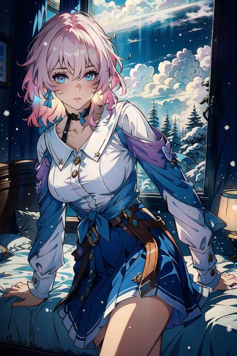 (Masterpiece, Best Quality:1.3), march 7th \(honkai: star rail\), 1girl, solo, medium hair, pink hair, shirt, skirt, detailed clothes, blue skirt, (blue shirt:1,3), detached sleeves, white shirt, bangs, blue eyes, (multicolored_eyes:1.5), ultra detailed eyes, choker, ribbon earrings, collarbone, detached sleeves, blue camera, cowboy shot, clodeup, inside, hotel room, bedroom, winter, snow <lora:march_7th__honkai _star_rail__offset:1>, cloud,colorful,  <lora:Sun_and_Shadow:0,6>