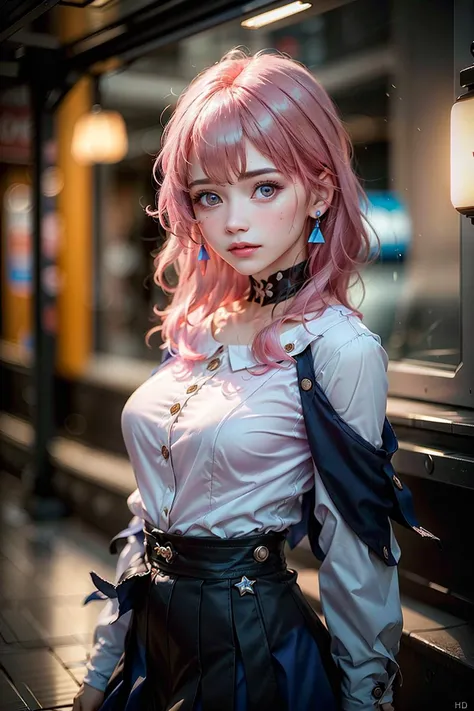 masterpiece, (photorealistic:1.5), best quality, beautiful lighting, real life, march 7th \(honkai: star rail\), 1girl, solo, beautiful girl, (pink hair), full body, (full body shot), blue skirt, skirt, blue shirt, white shirt, blue eyes, medium hair, blush, breasts, looking at viewer, small breasts, star earrings, intricate, high detail, sharp focus, dramatic, detailed face, detailed skin, beautiful face, beautiful eyes, (RAW photo, 8k uhd, film grain), caustics, subsurface scattering, reflections, standing, <lora:japaneseDollLikeness_v10:0.50> <lora:march_7th__honkai _star_rail__offset:0.8>