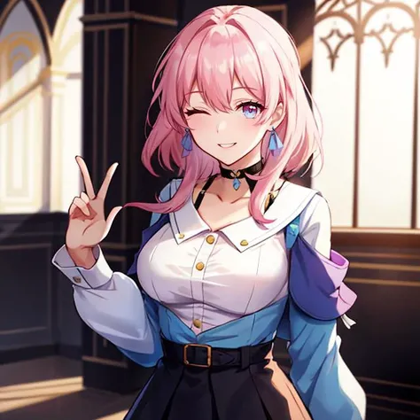march7th, multicolored_eyes, medium pink hair, ribbon earrings, collarbone, white_shirt, blue jacket, long_sleeves, choker, skirt, black bra, smile, one eye closed, palace interior, upper body shot, complex background, intricate detail, by oliver wetter <lora:march_7th__honkai _star_rail__offset:0.7>
