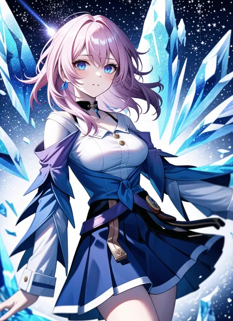 march 7th \(honkai: star rail\), 1girl, blue eyes, blue skirt, breasts, detached sleeves, earrings, ice, jewelry, long sleeves, medium breasts, medium hair, pink hair, shirt, skirt, solo, star \(symbol\), star earrings, white shirt <lora:march_7th__honkai _star_rail__offset:1>