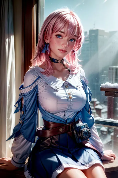 (Masterpiece, Best Quality:1.3), (photorealistic:1.4), reflection, extremely detailed, RAW photo, 8k uhd, cinematic lighting, detailed background, march 7th \(honkai: star rail\), 1girl, solo, medium hair, (pink hair:1,8), shirt, skirt, detailed clothes, blue skirt, blue shirt, detached sleeves, white shirt, bangs, blue eyes, choker, ribbon earrings, collarbone, detached sleeves, blue camera, smile, cowboy shot, closeup, inside, hotel room, bedroom, window, winter, snow, village, nature, <lora:march_7th__honkai _star_rail__offset:1> <lora:add_detail:1>