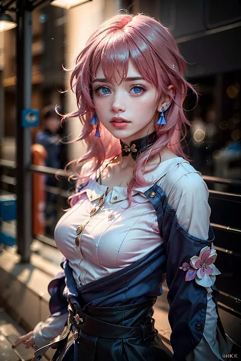 masterpiece, (photorealistic:1.5), best quality, beautiful lighting, real life, march 7th \(honkai: star rail\), 1girl, solo, (pink hair), blue skirt, blue shirt, white shirt, blue eyes, medium hair, blush, breasts, looking at viewer, small breasts, star earrings, intricate, high detail, sharp focus, dramatic, beautiful girl , (RAW photo, 8k uhd, film grain), caustics, subsurface scattering, reflections <lora:japaneseDollLikeness_v10:0.50> <lora:march_7th__honkai _star_rail__offset:1>