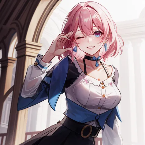 march7th, multicolored_eyes, medium pink hair, ribbon earrings, collarbone, white_shirt, blue jacket, long_sleeves, choker, skirt, black bra, smile, one eye closed, palace interior, upper body shot, complex background, intricate detail, by oliver wetter <lora:march_7th__honkai _star_rail__offset:0.7>