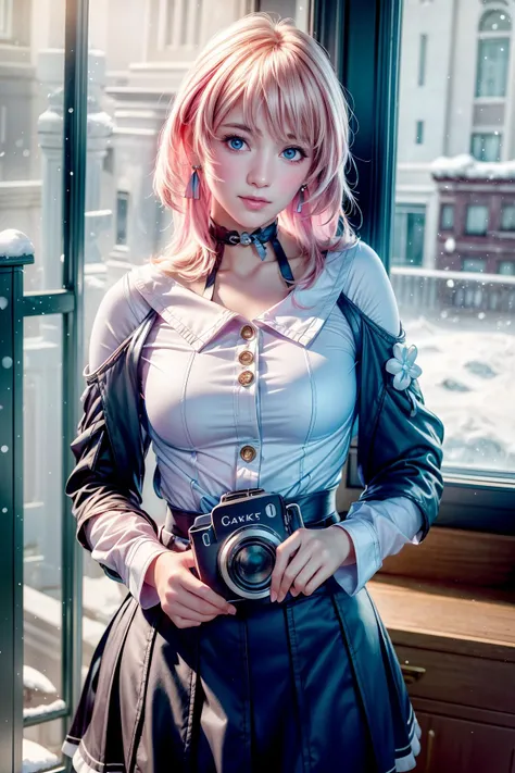 (Masterpiece, Best Quality:1.3), (photorealistic:1.4), reflection, extremely detailed, RAW photo, 8k uhd, cinematic lighting, detailed background, march 7th \(honkai: star rail\), 1girl, solo, medium hair, (pink hair:1,8), shirt, skirt, detailed clothes, blue skirt, blue shirt, detached sleeves, white shirt, bangs, blue eyes, choker, ribbon earrings, collarbone, detached sleeves, blue camera, smile, cowboy shot, closeup, inside, hotel room, bedroom, window, winter, snow, village, nature, <lora:march_7th__honkai _star_rail__offset:1> <lora:add_detail:1>