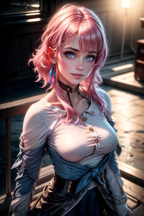 8k, masterpiece, best quality, realistic, higly detailed, cowboy shot, 1girl, solo, Ichika Nakano, very short hair that has a single long strand on the right side, white-pink hair, a single earring, dark blue eyes, average height, well-endowed figure, large breasts, cute, Assassin's Creed