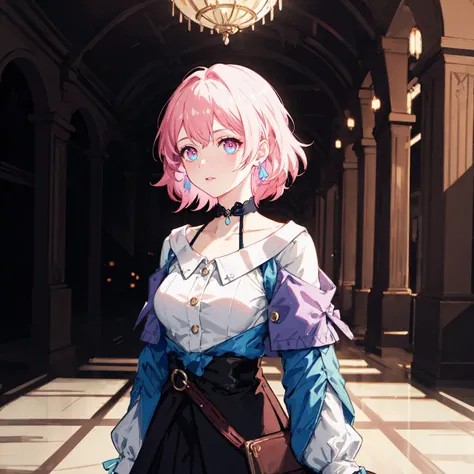 march7th, multicolored_eyes, short pink hair, ribbon earrings, collarbone, white_shirt, blue jacket, long_sleeves, choker, skirt, palace interior, upper body shot, complex background, intricate detail, by oliver wetter  <lora:march_7th__honkai _star_rail__offset:0.7>