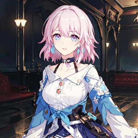 march 7th \(honkai: star rail\), multicolored eyes, short pink hair, ribbon earrings, collarbone, white_shirt, blue jacket, long_sleeves, choker, skirt, palace interior, upper body shot, complex background, intricate detail, by oliver wetter, <lora:march7th:0.7>