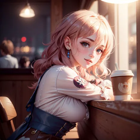(masterpiece:1.2), (best quality:1.2), (extremely detailed:1.2), (extremely detailed face), (ultra detailed), 8k, 1girl, 1boy, pretty face,, full body shot, <lora:march_7th__honkai _star_rail__offset:0.7>, march 7th \(honkai: star rail\), happy expression, blush, view from side, stand next to the counter, (in side the coffee shop:1.2), nighttime,