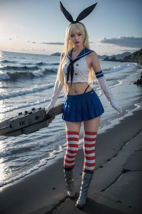 best quality, quality, masterpiece, (photorealistic:1.4), 1girl, shimakaze \\, (kancolle\\), elbow gloves, striped thighhighs, highleg panties, blue pleated skirt, boots, standing, full body, looking at viewer, detailed background, beach,warship, dramatic lighting, <lora:Shimakaze_cosplay_costume_v1:0.7>
