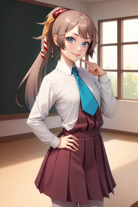 (masterpiece, best quality:1.2), <lyco:kancolle_kazagumo-17:1.0>, cowboy shot, solo, 1girl, kazagumo, smile, looking at viewer, hand on hip, ponytail, hair ribbon, school uniform, dress, halterneck, white shirt, necktie, grey pantyhose