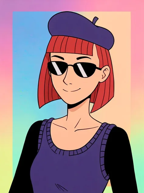 score_9,score_8_up,score_7_up,score_6_up,score_5_up,score_4_up, BREAK
tan-skinned female, red hair, blunt bangs, shaved sideburns, purple beret, sunglasses
sweater dress sleeveless, black bodysuit long sleeves, collarbone
seated pose, (upper body:1.1), warm slight smile, closed mouth, looking at viewer, (arms to side:1.1)
(portrait studio, colorful abstract background, textured portrait backdrop:1.1)
<lora:judyTV_PDXL:1> judyTV