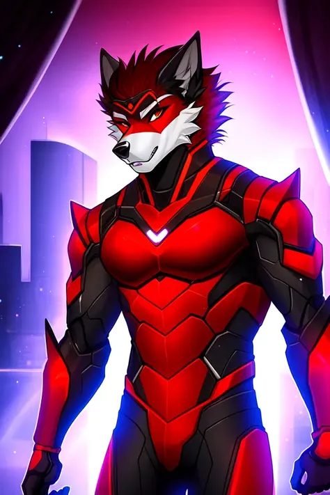 cybernetic furry male, red stage lights, seductive expression, shot photo of the most beautiful artwork of a wolf boy in hero pose,  toned body, [muscles],  (futuristic technology look), slow motion, superhero,