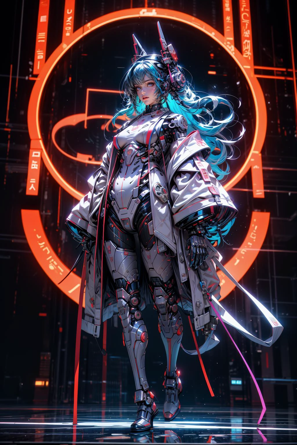 (masterpiece:1.1), (best quality:1.1), (intricate:1.1), (vibrant colors:1.2), BREAK,
(surreal:1.0), (noir:1.1), (synthwave:1.0), (anime:1.0), BREAK,
(solo:1.2), (full body:1.0), (dynamic angle:1.0), (1girl:1.0), (cyborg:1.1), (bionic limbs:1.1), <lora:C_projection_holographic_display:0.7>,