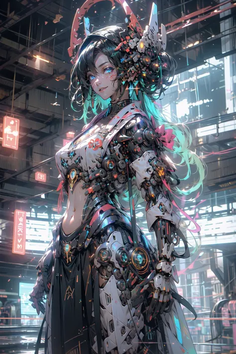 (highly detailed:1.3), 
1girl, solo, blue eyes, (mechanical eye:1.3), light smile, 
belly dancer, large breasts, (cleavage:1.2), pubic tattoo, jewelry, gem, neon trim, neon lights, cyberpunk, wires, (mechanical arms:1.1), hologram, (compass rose halo:1.1), (glowing veins:1.2), (veins:1.2), 
Ultra-detail, (highres:1.1), best quality, (masterpiece:1.3), cinematic lighting, <lora:C_projection_holographic_display:0.75>, [<lora:Niji:1>::0.2],
