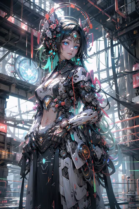 (highly detailed:1.3), 
1girl, solo, blue eyes, (mechanical eye:1.3), light smile, 
belly dancer, large breasts, (cleavage:1.2), tattoo, jewelry, gem, neon trim, neon lights, cyberpunk, wires, (mechanical arms:1.1), hologram, (compass rose halo:1.1), (glowing veins:1.2), (veins:1.2), jewelry, (gem:1.1), 
Ultra-detail, (highres:1.1), best quality, (masterpiece:1.3), cinematic lighting, <lora:C_projection_holographic_display:0.75>, [<lora:Niji:1>::0.2],