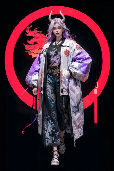 <lora:Ronin:0.7>,oniNFT,horns,jewelry,earrings,dragon,solo,black background,eastern dragon,jacket,multicolored hair,simple background,pointy ears,purple jacket,ear piercing,red hair,1girl,white hair,long hair,<lora:C_projection_holographic_display:0.4>,full body,, (masterpiece, best quality, high quality, highres, ultra-detailed),