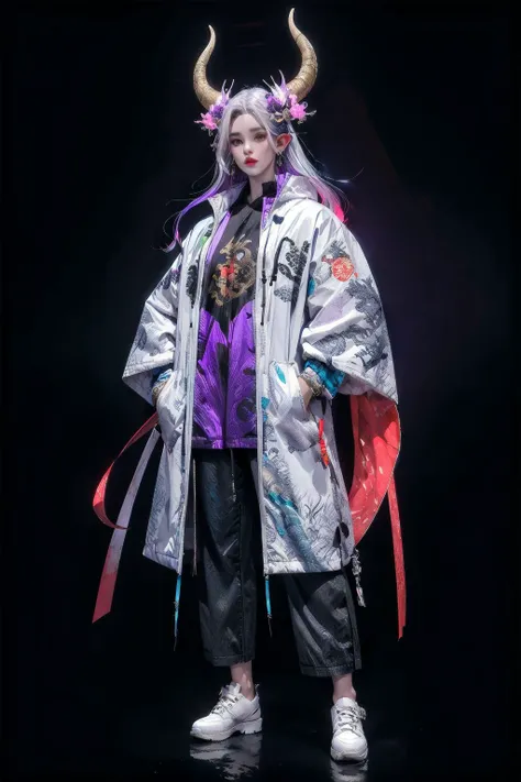 <lora:Ronin:0.7>,oniNFT,horns,jewelry,earrings,dragon,solo,black background,eastern dragon,jacket,multicolored hair,simple background,pointy ears,purple jacket,ear piercing,red hair,1girl,white hair,long hair,<lora:C_projection_holographic_display:0.4>,full body,, (masterpiece, best quality, high quality, highres, ultra-detailed),