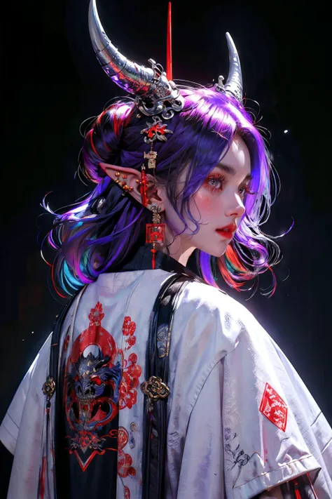 <lora:Ronin:0.7>,oniNFT,horns,jewelry,earrings,dragon,solo,black background,eastern dragon,jacket,upper body,multicolored hair,simple background,pointy ears,from behind,purple jacket,ear piercing,red hair,1girl,white hair,teeth,long hair,<lora:C_projection_holographic_display:0.5>,, (masterpiece, best quality, high quality, highres, ultra-detailed),