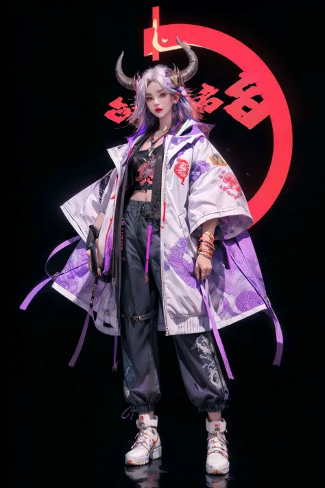 <lora:Ronin:0.7>,oniNFT,horns,jewelry,earrings,dragon,solo,black background,eastern dragon,jacket,multicolored hair,simple background,pointy ears,purple jacket,ear piercing,red hair,1girl,white hair,long hair,<lora:C_projection_holographic_display:0.4>,full body,, (masterpiece, best quality, high quality, highres, ultra-detailed),