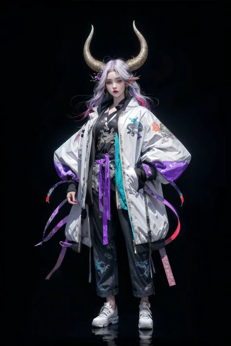 <lora:Ronin:0.7>,oniNFT,horns,jewelry,earrings,dragon,solo,black background,eastern dragon,jacket,multicolored hair,simple background,pointy ears,purple jacket,ear piercing,red hair,1girl,white hair,long hair,<lora:C_projection_holographic_display:0.4>,full body,, (masterpiece, best quality, high quality, highres, ultra-detailed),