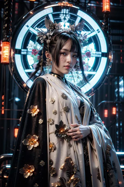 (realistic:1.3), finely detailed, quality, rembrandt lighting, (masterpiece:1.2), (photorealistic:1.2), (best quality), (detailed skin:1.3), (intricate details), dramatic, ray tracing, 1girl, japanese girl, 21 years old, detailed skin texture, (blush:0.5), (goosebumps:0.5), subsurface scattering, smiling, medium breasts, very long hair, bangs, hair between eyes, hair ornaments, intricate, exquisite, elaborate, gold, black, silver, robes, dress, cowboy shot, (bright sunny day), <lora:C_projection_holographic_display:1>