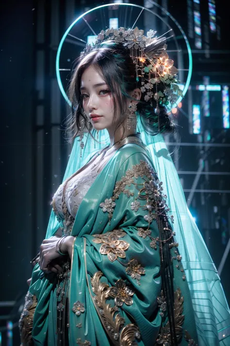 (realistic:1.3), finely detailed, quality, rembrandt lighting, (masterpiece:1.2), (photorealistic:1.2), (best quality), (detailed skin:1.3), (intricate details), dramatic, ray tracing, 1girl, japanese girl, 21 years old, detailed skin texture, (blush:0.5), (goosebumps:0.5), subsurface scattering, smiling, medium breasts, very long hair, bangs, hair between eyes, hair ornaments, intricate, exquisite, elaborate, blue, green, yellow, robes, dress, cowboy shot, (bright sunny day), <lora:C_projection_holographic_display:1>