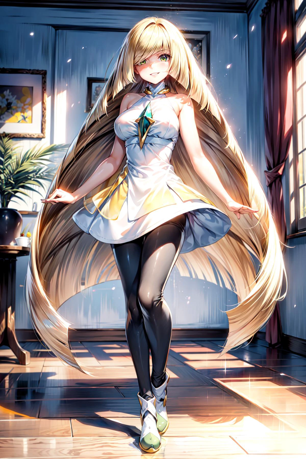 <lora:lusamine:0.8>, ((lusamine)),
BREAK((solo, 1girl, adorable, young female, cute girl), (full body:1.3), soft light, dynamic angle, dynamic postures, detailed shadow,)
BREAK(lusamine, blonde hair, yellow eyes, long hair, looking at viewer, very long hair, (hair over one eye:1.3), huge breasts,),
BREAK(white dress with a diamond badge, black and white leggings, and boots of the same color, with green soles, Her boots have a medium-height yellow heel),
BREAK((smirk smile),(a girl throwing a Poke ball to viewer)),
BREAK(perfect(anatomy,body,face,hand,leg,foot)),
BREAK(beautiful detailed girl, glossy pink lips, Milky skin, shiny skin:1.2)
BREAK(<lora:cozy animation scenes_20230824111332:0.4>, PIXIV, cozy, indoors, environment company, detailed company, spring, day, (wide view, wide-angle lens)),
BREAK(<lora:more_details:0.5>, extremely detailed, CG, 8k Amazing, finely detail, (masterpiece:2.0, best quality), (intricate details, depth of field),),
(<lora:uber_saggy2:0.5>, saggy, sagging_breasts, large breasts)