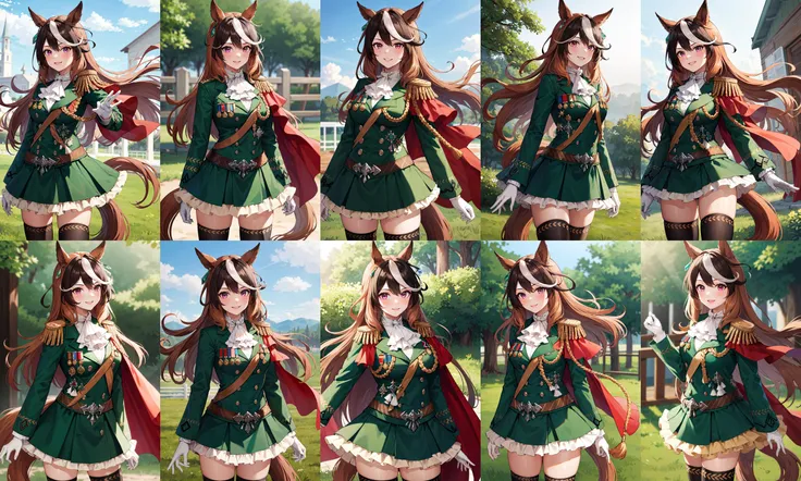 masterpiece, best quality, highres, hmsymbo, 1girl, animal ears, streaked hair, horse tail, white gloves, black thighhighs, white ascot, red cape, single epaulette, long sleeves, green jacket, frills, medal, jewelry, green skirt, buttons, <lora:symboli rudolf_v2:0.7>, cowboy shot, standing, outdoors, smile