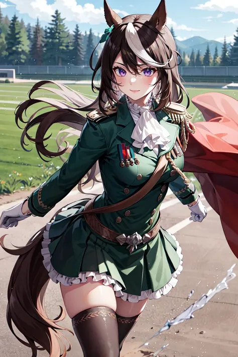 masterpiece, best quality, highres, 1girl, symboli rudolf (umamusume), horse ears, animal ears, solo, horse girl, tail, horse tail, thighhighs, brown hair, gloves, long hair, multicolored hair, black thighhighs, white gloves, epaulettes, single epaulette, streaked hair, cape, purple eyes, red cape, jewelry, ascot, long sleeves, white hair, black footwear, earrings, white ascot, single earring, skirt, aiguillette, green jacket, frills, jacket, hair between eyes, green skirt, frilled skirt, closed mouth, bangs, buttons, gold trim, belt, green dress, dress, medal, <lora:symboli_rudolf_v1:0.6>, smile, (running:1.2), field, outdoor,