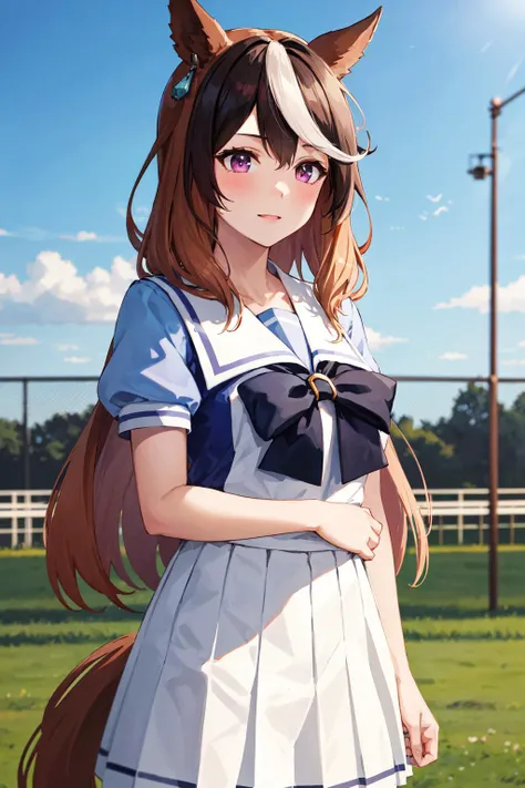 masterpiece, best quality, highres, hmsymbo, 1girl, animal ears, streaked hair, horse tail, tracen school uniform, pleated skirt, jewelry, short sleeves, white skirt, puffy short sleeves, sailor collar, bowtie, sailor shirt, <lora:symboli rudolf_v2:0.7>, cowboy shot, standing, outdoors