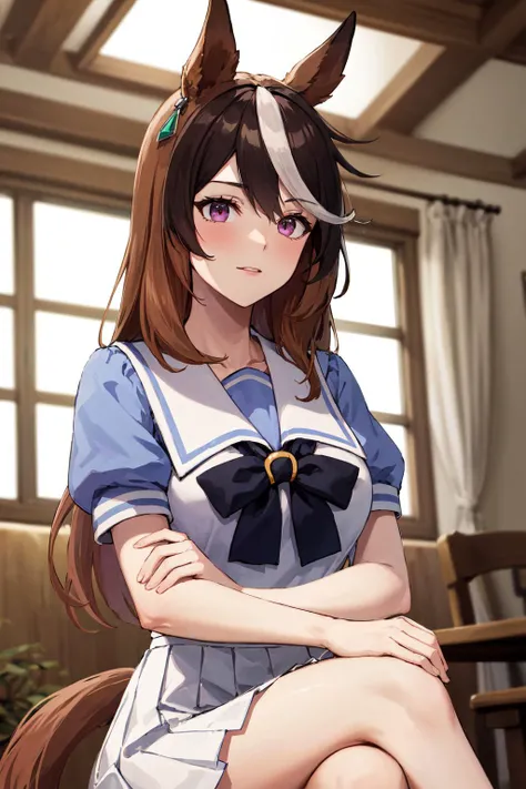masterpiece, best quality, highres, hmsymbo, 1girl, animal ears, streaked hair, horse tail, tracen school uniform, pleated skirt, jewelry, short sleeves, white skirt, puffy short sleeves, sailor collar, bowtie, sailor shirt, <lora:symboli rudolf_v2:0.7>, sitting, crossed legs, indoors